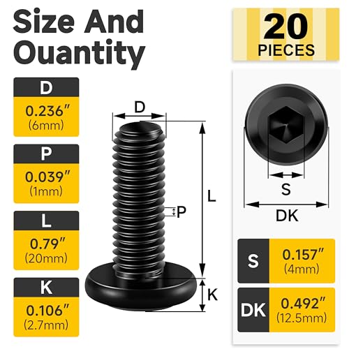 Mywish M6 x 20mm 20Pcs Flat Head Hex Socket Cap Screws Bolts, 304 Stainless Steel Furniture Bolts Full Thread, Black Oxide & Hex Spanner - color: Black-M6, size: 20mm