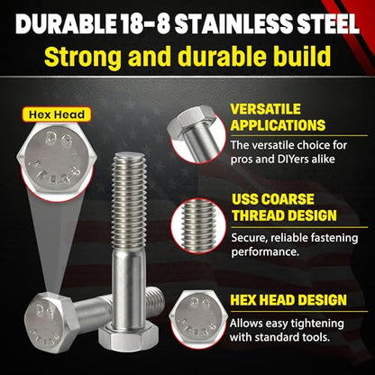 Chenango Supply 3/8-16 x 2 Stainless Steel Hex Head Bolts - size: 3/8-16 X 2"