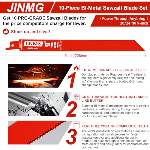 10 Pack 9 Inch 20/24TPI Reciprocating Saw Blades for Diablo Sawzall Blades - size: 9 Inch 20/24TPI