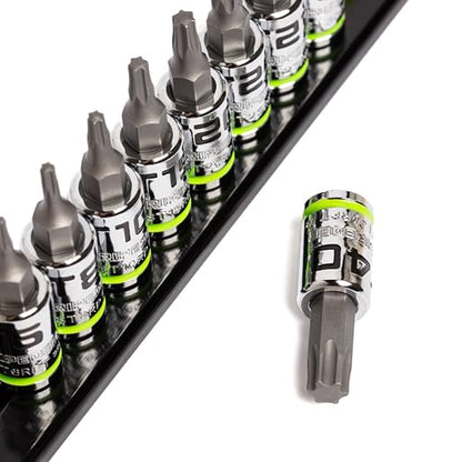 GRIPEDGE Tools | 9PC RPT Star Driver Set | Sizes T6 - T40 | 1/4'' Drive | Made With S2 Steel | Includes Premium Aluminum Socket Rail |