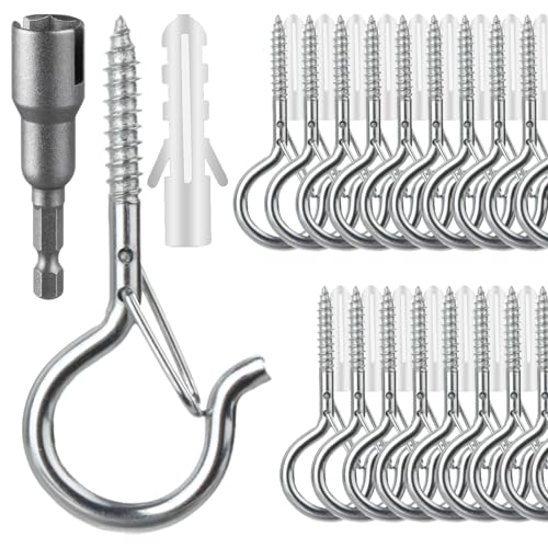 FSAH 36 PCS Q-Hanger Hooks with Safety Buckle, Windproof Screw Hooks - color: Silver, size: 36 Pcs