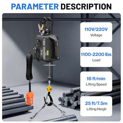 3-in-1 Electric Hoist with Remotes, 2200lb Capacity Portable Power Winch Crane 110V, 25ft Lifting Height (Black, 3-IN-1-2200LBS) - color: Black
