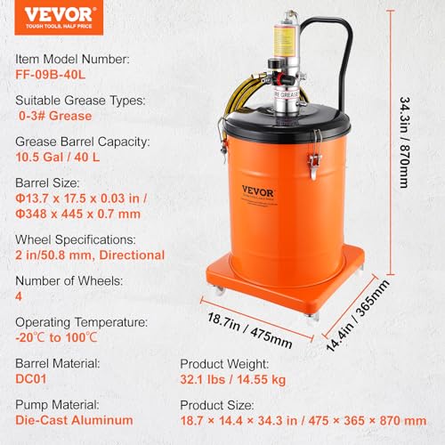 VEVOR Grease Pump, 10.5 Gallon Air Grease Pump with 13 ft High Pressure Hose and Grease Gun, 40L Pneumatic Grease Pump with Wheels, Portable Lubrication Grease Pump - style: 10.5 Gallon