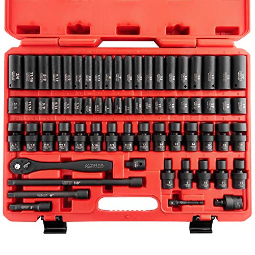 NEIKO 02471A Impact Socket Set, 3/8” Drive, 67 Piece, Metric and Standard Master Socket Set with Shallow & Deep Sockets, Ratchet, Swivel Sockets, Extension Bars, Adapters, Cr-V & Cr-Mo - size: SAE & Metric, style: Deep & Shallow