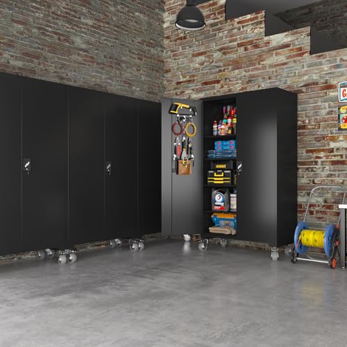 Large Metal Cabinet Two Lockable Doors Four Wheels,Four Adjustable dividers can be Used as Tool File Storage Suitable for garages Schools Gyms Offices