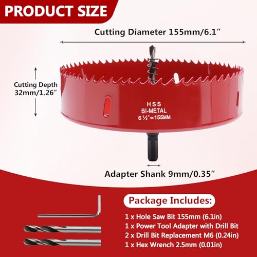 6.1 Inches/155mm Bi-Metal Hole Saw with Pilot Bit & Arbor - color: Red, size: 6.1 inches