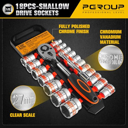 20 PCS 1/2" Drive Metric Socket Wrench Set,1/2 Reversible Ratchet Handle，6 Point Shallow Sockets (8-32mm) and Extension Bar 5", CR-V Steel, Car Repair Set - size: Pro 20p 12.7 Mm Drive (8 - 32 Mm)