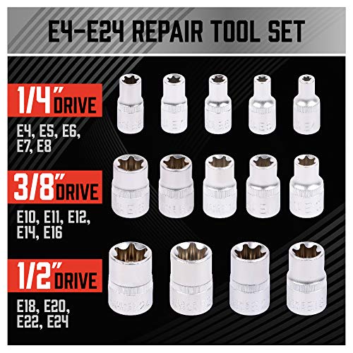 SEDY 14-Piece E-TORX Socket Set - Premium Female Torx Socket Set, Ultimate Torque Star Sockets, External Torx Sockets, E4 E5 E6 E7 E8 E10 E11 E12 E14 E16 E18 E20 E22 E24 - style: 14-Piece E-Torx - (E4-E24)