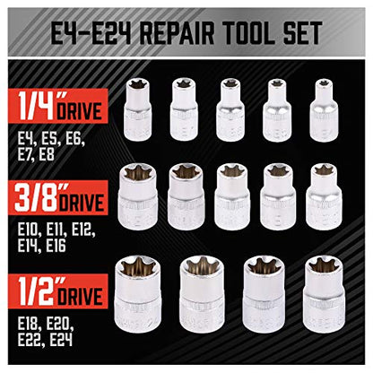 SEDY 14-Piece E-TORX Socket Set - Premium Female Torx Socket Set, Ultimate Torque Star Sockets, External Torx Sockets, E4 E5 E6 E7 E8 E10 E11 E12 E14 E16 E18 E20 E22 E24 - style: 14-Piece E-Torx - (E4-E24)