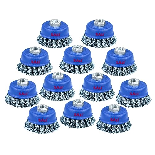 SALI 12 Pack Wire Cup Brush, 3 Inch Twisted Knotted Cup Brush for Grinders, with 5/8-11 Inch Arbor for Heavy Cleaning Rust, Stripping and Abrasive, for Angle Grinder - style: Twiste Wire