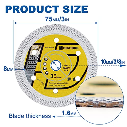 HIGHDRIL 3PCS Diamond Saw Blade,3In/75mm x Arbor 3/8Inch/10mm X Mesh for Granite,Tile,Hard Concrete,Ceramic,Hard Porcelain(3PCS) - size: X Mesh Concrete blade