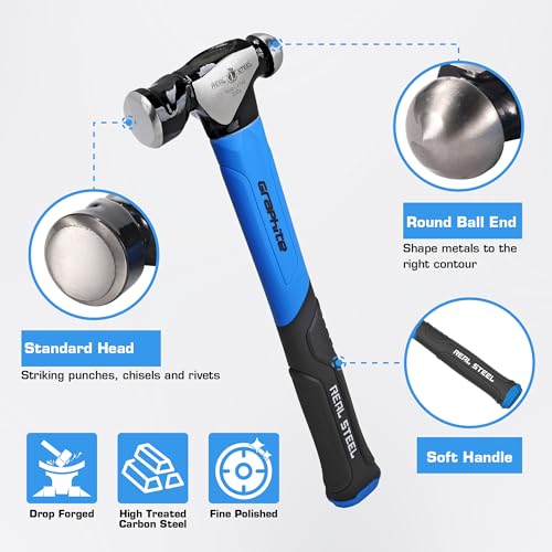 Real Steel Ball Peen Hammer 16oz, Jacketed Graphite Metalworking Tool Forged Steel Head Ball Pein Hammer 0504 - size: 16 ounce