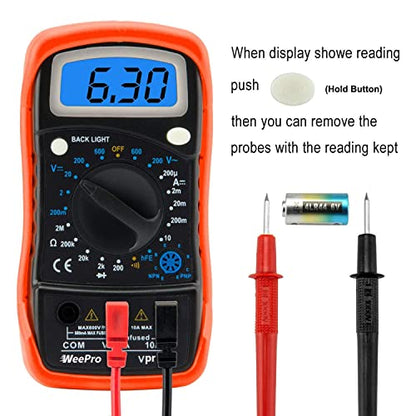 Vpro850L Digital Multimeter DC AC Voltmeter, Ohm Volt Amp Test Meter, Electric Tester Ohmmeter with Diode and Continuity Detector, Backlit Display and Insulated Rubber Case Kickstand
