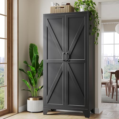 Metal Black Storage Cabinet with 2 Doors and 4 Adjustable Shelve, 72" Tall Kitchen Pantry cabinets, Farmhouse Food Pantry Cabinet,5 Tier Freestanding Barn Door Cupboard for Kitchen Dining/Living Room - color: Black, size: 72"H x 34"W x 18"D
