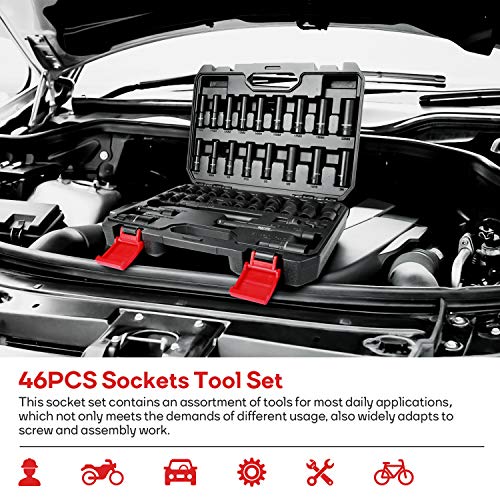 Eastvolt 46 Pieces Drive Socket Ratchet Wrench Set, Mechanic Tool Kits with 72 Teeth Reversible Ratchet, Extension Bar Set and Storage Case, Metric/SAE