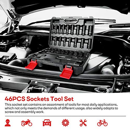 Eastvolt 46 Pieces Drive Socket Ratchet Wrench Set, Mechanic Tool Kits with 72 Teeth Reversible Ratchet, Extension Bar Set and Storage Case, Metric/SAE