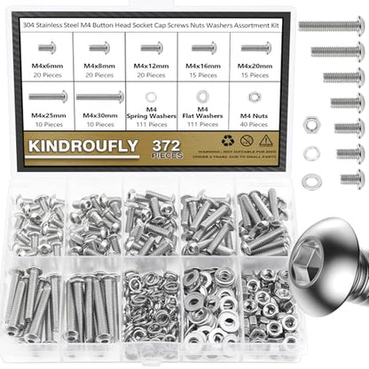 372 Pieces M4 x 6/8 /12/16 /20/25 /30mm Button Head Socket Cap Screws Nuts Washers Assortment Kit, 304 Stainless Steel, Fully Machine Thread - size: M4, style: Button Head