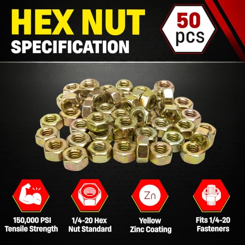1/4-20 USS Hex Head Nuts, Grade 8 (50 Pieces) - size: 1/4-20 Hex Nut 50pcs