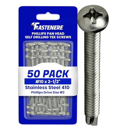 Fastenere Pan Head Self Drilling Tek Screws -#10 x 2-1/2" (50 Pack) Stainless Steel 410, Full Thread, Bright Plain Finish, Corrosion-Resistant, Self-Drilling, Easy to Install w/Phillips Drive Size #2 - size: #10 x 2-1/2" (50 Pack)