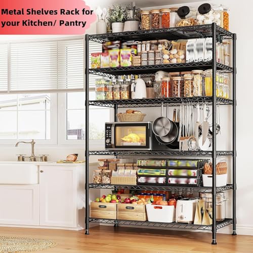 REIBII 75''H 6 Tier Wire Shelving,1800LBS Storage Shelves,Kitchen,Pantry - color: Black, size: 75"H x 35.5"W x 18"D 6 Tier