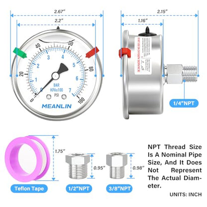 MEANLIN MEASURE 0~100Psi Stainless Steel Liquid Filled Pressure Gauge 2.5" FACE DIAL 1/4" NPT for Well Pump Tire Water Pressure Tester Back Mount with Stainless Steel Hex Bushing and Snaps - size: 0-100Psi, style: Back Mount