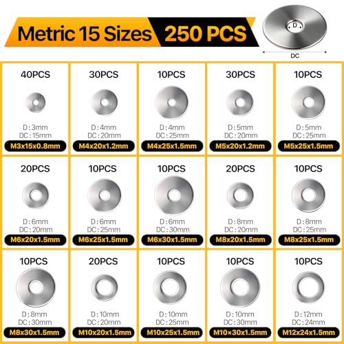 250PCS Flat Washers Assortment Kit, 304 Stainless Steel Washers - style: 250PCS (Metric)