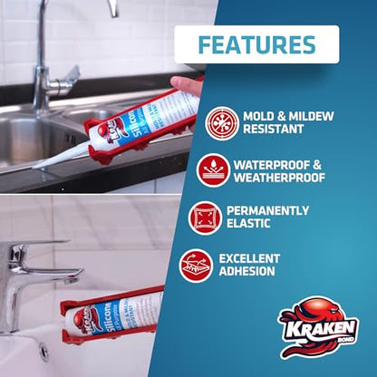 Kraken Bond RTV Silicone Sealant Gray (24 x 10.1 fl.oz.)%100 Waterproof Silicone Caulk Kitchen and Bathroom, All Purpose, Window Caulking Sealant Outdoor, RV, 24 Pack