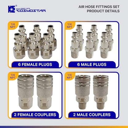 Cosmostar 16-Piece Air Hose Fittings Set | 1/4" NPT Quick Connect Air Coupler & Plug Kit | Industrial Swivel Air Tool Fittings & Compressor Accessories | Universal Auto Shop Air Compressor Adapter