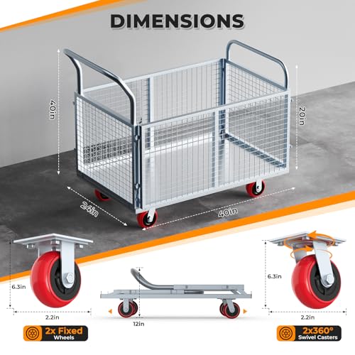 2IN1 Steel Panel Cart Dolly – Heavy Duty Drywall Lumber Truck Cart with 3000 LBS Capacity, 44 x 28 Inch 2.2MM Steel Plate, 6" Swivel Brake Wheels, 1 Front & 3 Side Handrails (X Large with Cage) - size: Silver | XX-Large