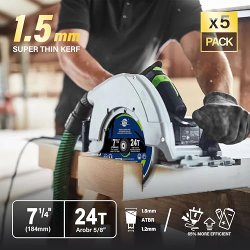 EZee 5-Pack 7-1/4 Inch Circular Saw Blade 24T with 5/8 Inch Arbor,ATBR TCT Carbide-Tipped,0.06 Inch Super Thin Kerf Saw Blade for Various Wood Cutting, Framing,Plywood, MDF, OSB,Max RPM 8300 - size: 7-1/4" 24T (5-pack)