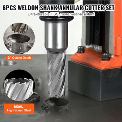 VEVOR Annular Cutter Set, 6 pcs Weldon Shank Mag Drill Bits, 2" Cutting Depth, 1" to 2" Cutting Diameter, M2AL High-Speed Steel, with 2 Pilot Pins and Portable Case, for Using with Magnetic Drills - size: 1" - 2" * 2"