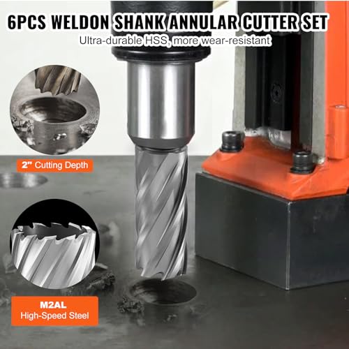 VEVOR Annular Cutter Set, 6 pcs Universal Shank Mag Drill Bits, 2" Cutting Depth, 1" to 2" Cutting Diameter, M2AL High-Speed Steel, with 2 Pilot Pins and Portable Case, for Using with Magnetic Drills - size: 1" - 2" * 2"(Universal)