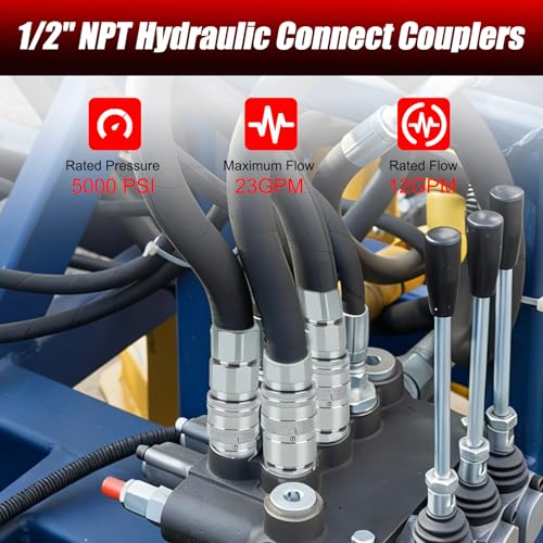 1/2’’ NPT Flat Face Hydraulic Quick Couplers, Skid Steer Hydraulic Couplers with 2PCS Dust Covers, Couplings Set for Agricultural Machinery, Construction Equipment & Industrial Hydraulic Testing