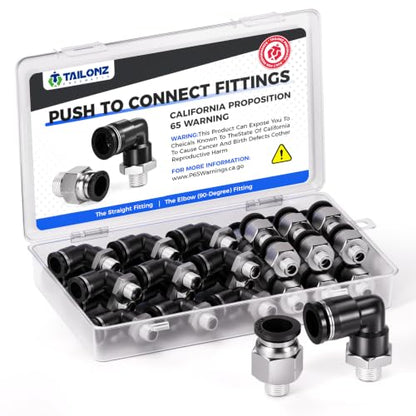 TAILONZ 3/8" x 1/4" NPT Push to Connect Straight & Elbow Fitting Kit 30Pcs - size: 3/8"OD x 1/4"NPT