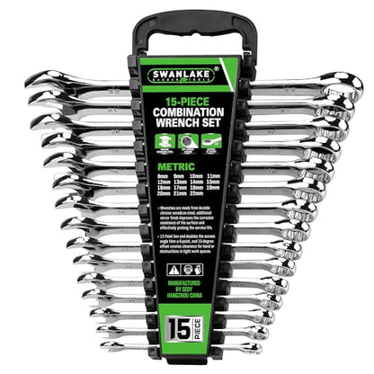 SWANLAKE 15-Piece Metric Combination Wrench Set, 12-Point Max Torque Open End Wrench Set, Cr-V Steel Wrenches 8, 9, 10, 11, 12, 13, 14, 15, 16, 17, 18, 19, 20, 21, 22mm with Storage Rack - style: 15pcs Metric Combination