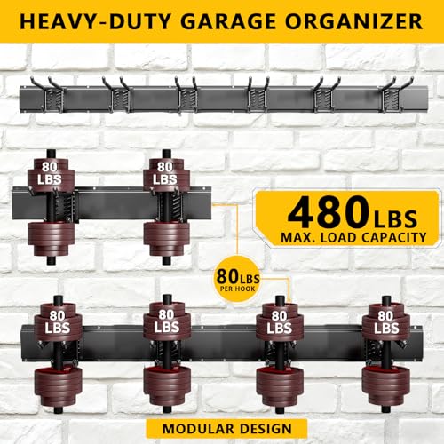 Garage Tool Organizer Wall Mount, 48inch Heavy-Duty Garage Storage System and Garden Tool Organizer with 6 Adjustable Double Hooks for Shovel, Snowboard, Yard Tools and Shed - size: 48"-6double hook