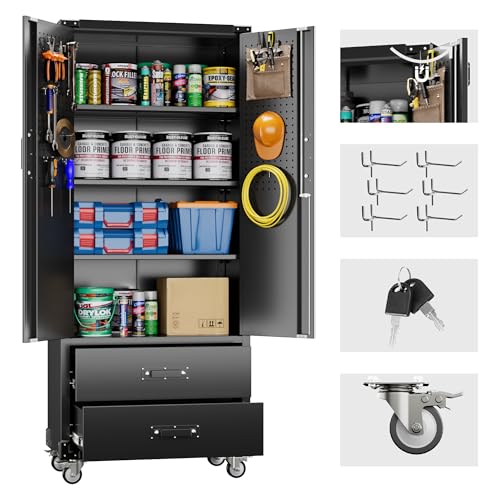 Metal Garage Storage Cabinet with Wheels, 2 Drawers and Pegboard Doors - color: Black, size: 15.2"D x 30"W x 71.2"H