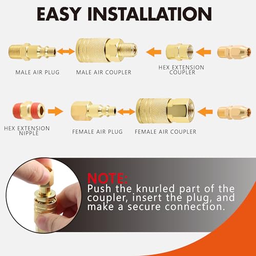 54PCS 1/4 Inch NPT Industrial Air Hose Fittings,Copper-Plated Pneumatic Quick Connect Coupler Kit with 360° Swivel,Adapters,Thread Tape & Tube Cutter | for Air Compressor & Automotive Repair