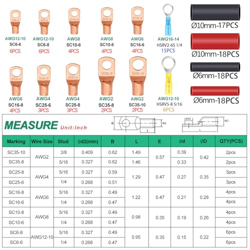 Twidec/130PCS Battery Cable Lugs Kit Copper Wire Lug AWG2 4 6 8 10 12 14 16 - color: 130PCS