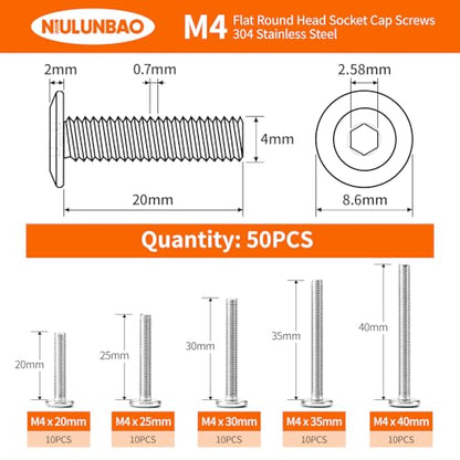 M4 x 20mm 25mm 30mm 35mm 40mm Flat Round Head Hex Socket Cap Screws Bolts, Furniture Screws, 304 Stainless Steel, Allen Hex Drive, Bright Finish, Metric Fully Threaded, Assortment Kit 50PCS - size: M4 x 20/25/30/35/40mm (50PCS)
