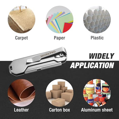 WORKPRO 2PCS EDC Folding Utility Knife, Mini Box Cutter with Quick Open Axis Lock, Quick Change Blade Razor Knife, Foldable Small Pocket Knife with Belt Clip, 2 Packs with 10 Extra Blades - color: Silver