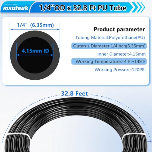 mxuteuk 1/4" Air Line Tubing Kit,1/4" Air Hose Kit,1/4 Inch(6.35mm) OD x 32.8 Feet PU Tube with Push to Connect Fittings(15PCS) - color: 1/4" Kit