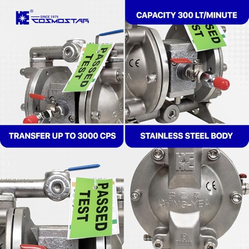 COSMOSTAR D0902 3/8" Stainless Steel Double Air Diaphragm Pump, Aluminum Body, Teflon Ball, seat and Diaphragm, Pump Muffler, Pump, Chemical Pump, Waste Oil Pump, Pneumatic Oil Pump, Diaphragm Pumps - size: D0902 3/8" Stainless Steel