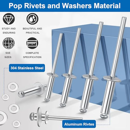 smseace 100Pcs 1/4"x1/2" Pop Rivets with Washer Assortment Kit 6.4x12.7mm Pop Rivets and 1/4" 304 Stainless Steel Backup Washers Aluminum Rivets kit for Metal/Furniture/Automotive/Instruments - size: 1/4"x1/2"
