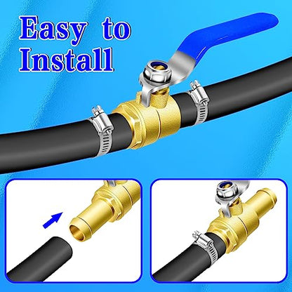3/4'' Heater Hose Shut Off Ball Valves, 2Pcs Brass Barb Shut Off Ball Valves, 3/4'' PEX Shut Off Valves for Heater Hose, with 4Pcs Stainless Steel Clamps, Use for Water, Oil, Gas, Fuel line Fittings - size: 3/4 inch