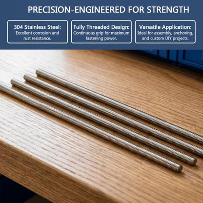 304 Stainless Steel Fully Threaded Rods, 1/4"-20 Thread Size, 4 Pcs