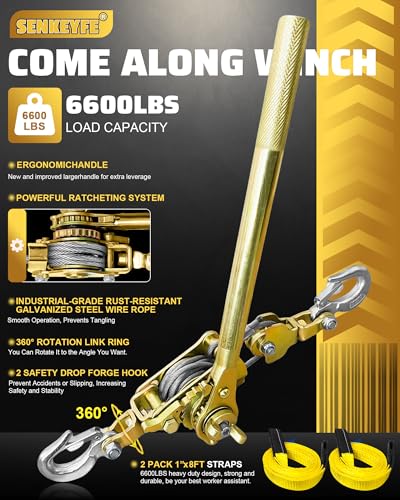 Come Along Winch Puller 3T 10FT, Cable Hoist Winch Puller with 2 Hooks, 2 Towing Straps 8FT, Come Along Tool Heavy Duty, Ratchet Puller for Lifting Pulling Construction Building - size: 3T-10FT(+2straps)