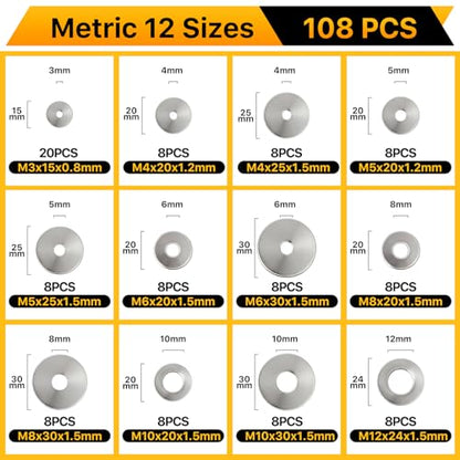 108PCS Flat Washers Assortment Kit, 304 Stainless Steel Washers - style: 108PCS (Metric）