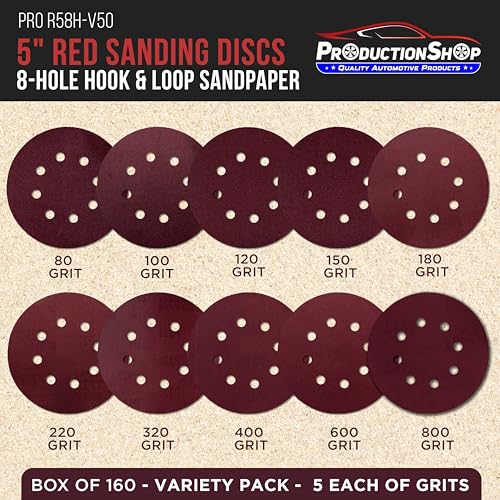 ProductionShop 5" Red 8-Hole Pattern Sanding Discs, 50 Disc Variety Pack, Grits 80, 100, 120, 150, 180, 220, 320, 400, 600, 800 - Hook & Loop Sandpaper for Random Orbital Sanders - Woodworking, Paint - style: Variety Pack 50