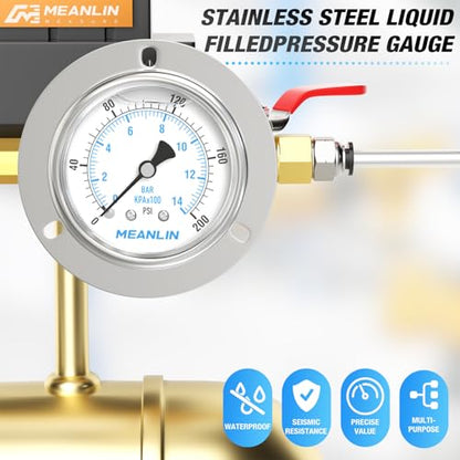 MEANLIN MEASURE 0~200Psi Liquid Filled Pressure Gauge Front Flange Panel Mount, 1/4" NPT 2.5" FACE DIAL Stainless Steel Case with Phillips Screw and Nut, +/-3-2-3% - size: 0-200Psi